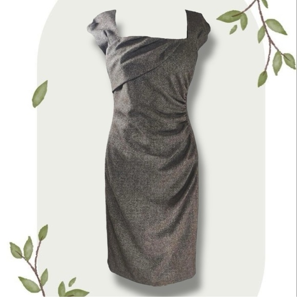 LK Bennett Gray Tweed Style 100% Wool Ruched Office Business Midi Dress- Size 2 - Picture 1 of 7